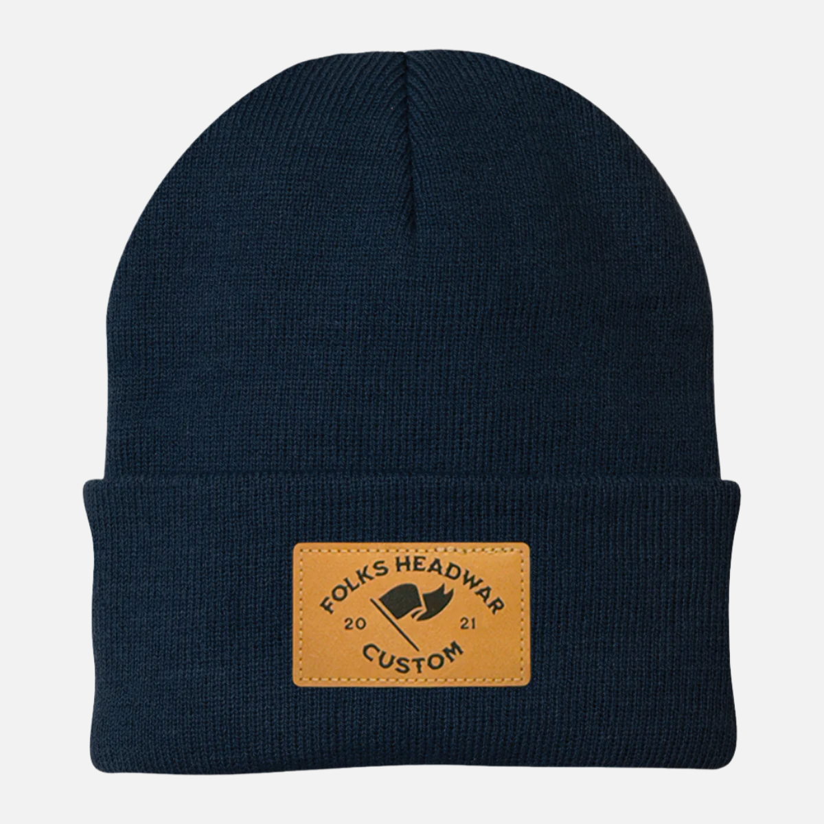 Solid Cuffed 12" Beanie - Custom Leather Patch Beanie