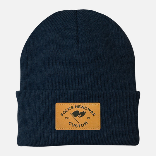 Solid Cuffed 12" Beanie - Custom Leather Patch Beanie